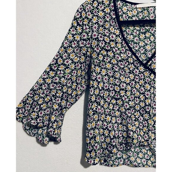 Zara Top Womens Medium Floral Daisy Print Faux Wrap Bell Sleeve Side Tie Boho - Picture 3 of 8